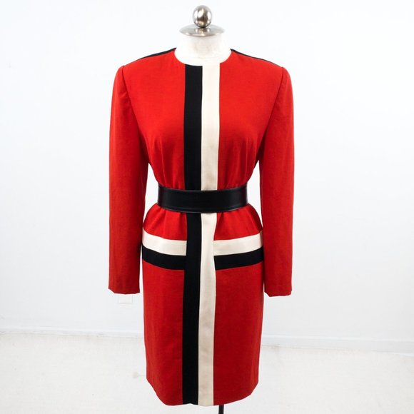 Vintage 80s 10 Wool Colorblock Stripe Dress Red - Picture 10 of 11